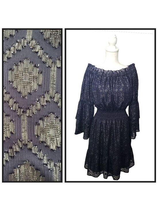 Lucky Brand Dresses & Skirts - Lucky Brand Women’s Medium Navy Off Shoulder Smocked Waist Boho Dress
